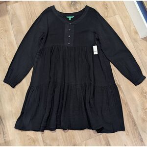 dip Black Cotton Tiered Tunic Dress L Cottagecore Farmhouse Gothic Witchy NWT